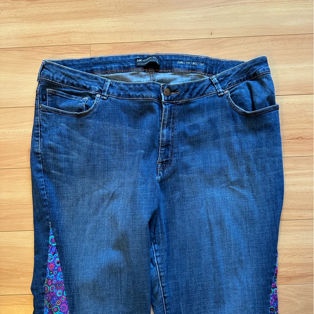 Hand Crafted Blue Purple Flare Jeans Lee modern series curvy bootcut 24W petite - Picture 6 of 15